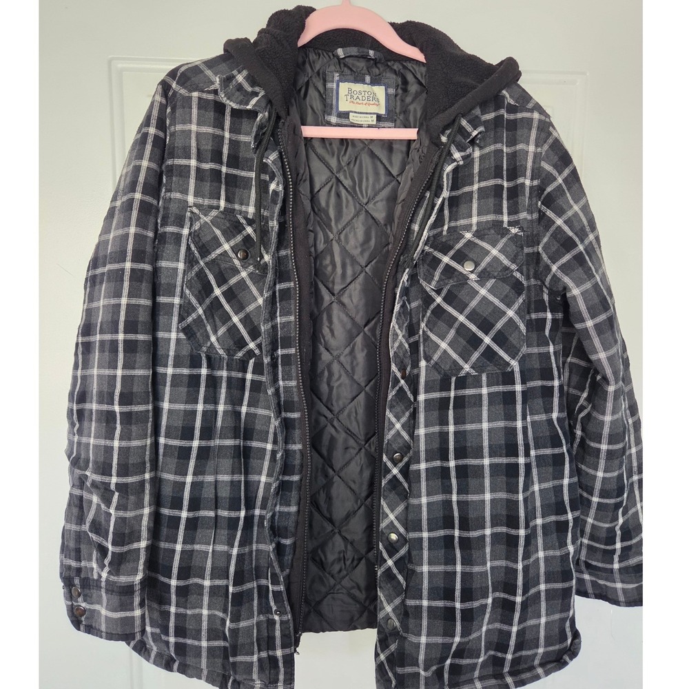 Boston Traders Mens Plaid Quilted Flannel Shirt Jacket Sherpa Hood Black Grey M